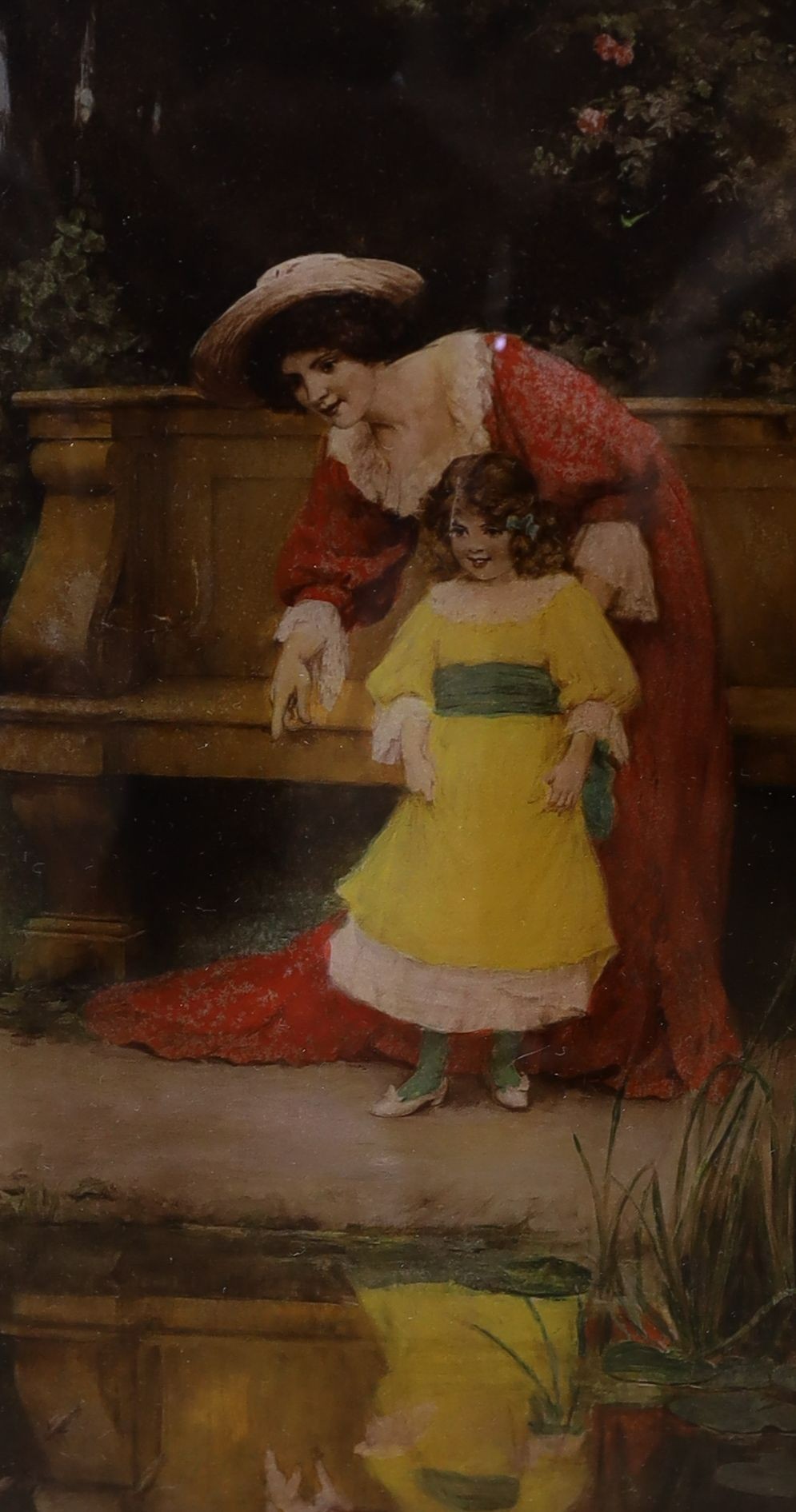 Two chrystoleums, Mother and child beside a pond and Figures waving goodbye, 26 x 16cm and a Pears print of Bubbles, 70 x 47cm
